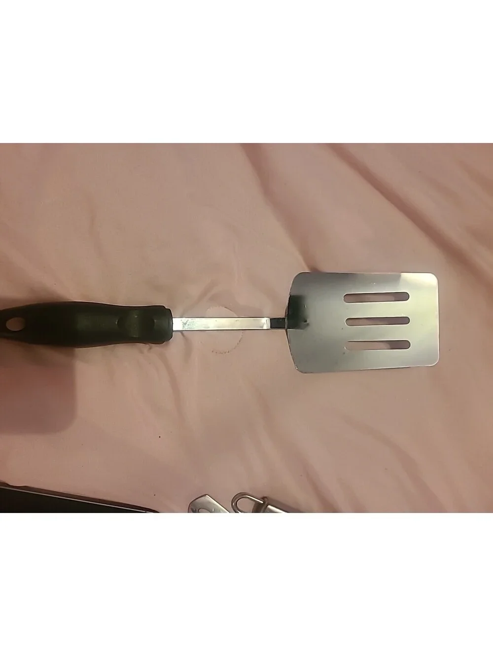 Vtg Unbranded Slotted Spatula Flipper Metal Chrome Black Nylon Handle USA 12.5”